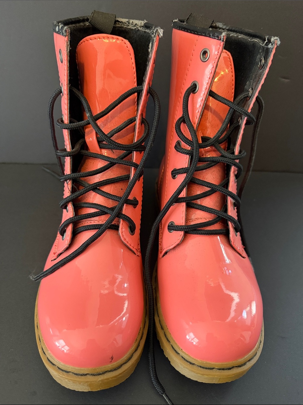 Women’s Coral Lace-Up Patent Combat Boots